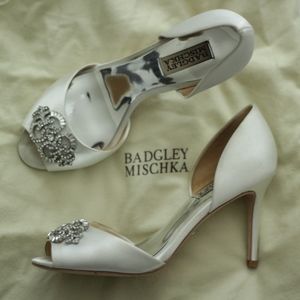 Badgley Mischka White Satin Salsa Pumps